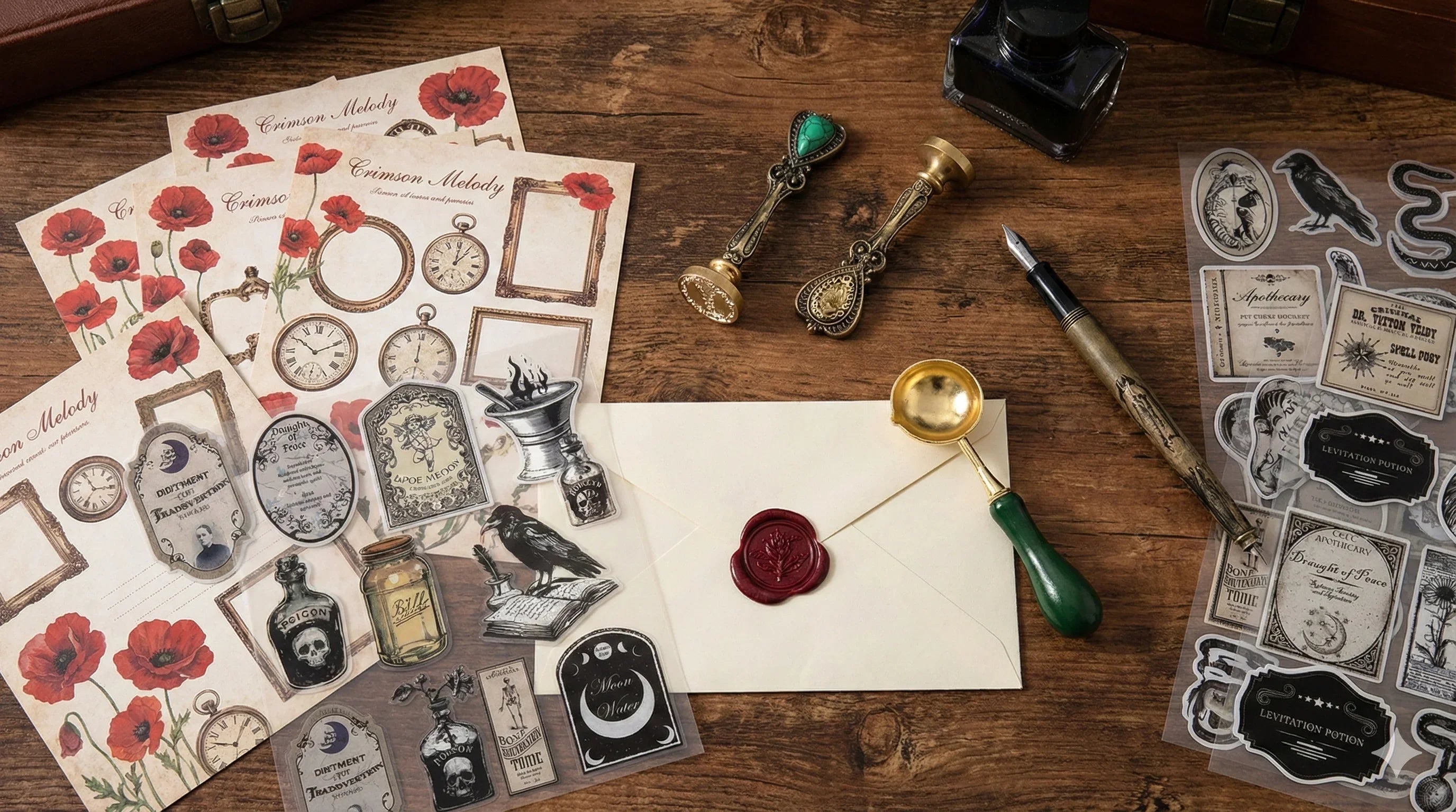 Dark Academia archivist's desk collection cover with botanical gothic stickers, ephemera paper, and wax seal stamp set