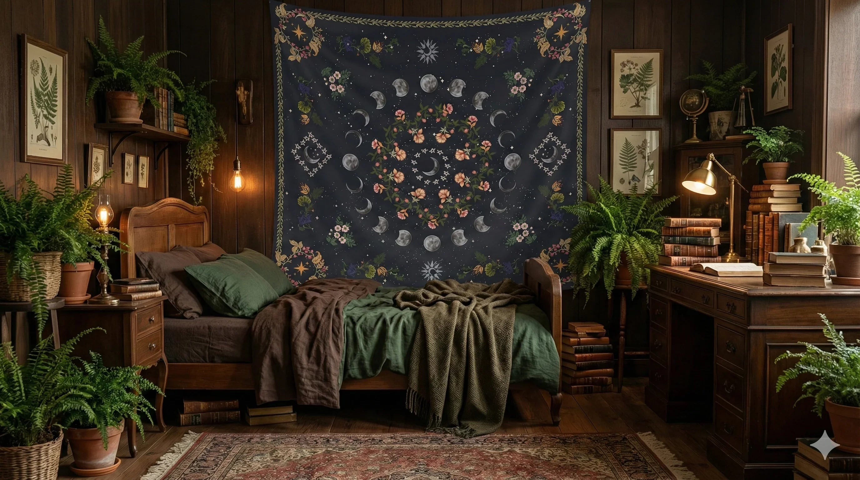 Dark Academia celestial sanctuary collection cover featuring a botanical gothic tapestry and moody wall decor