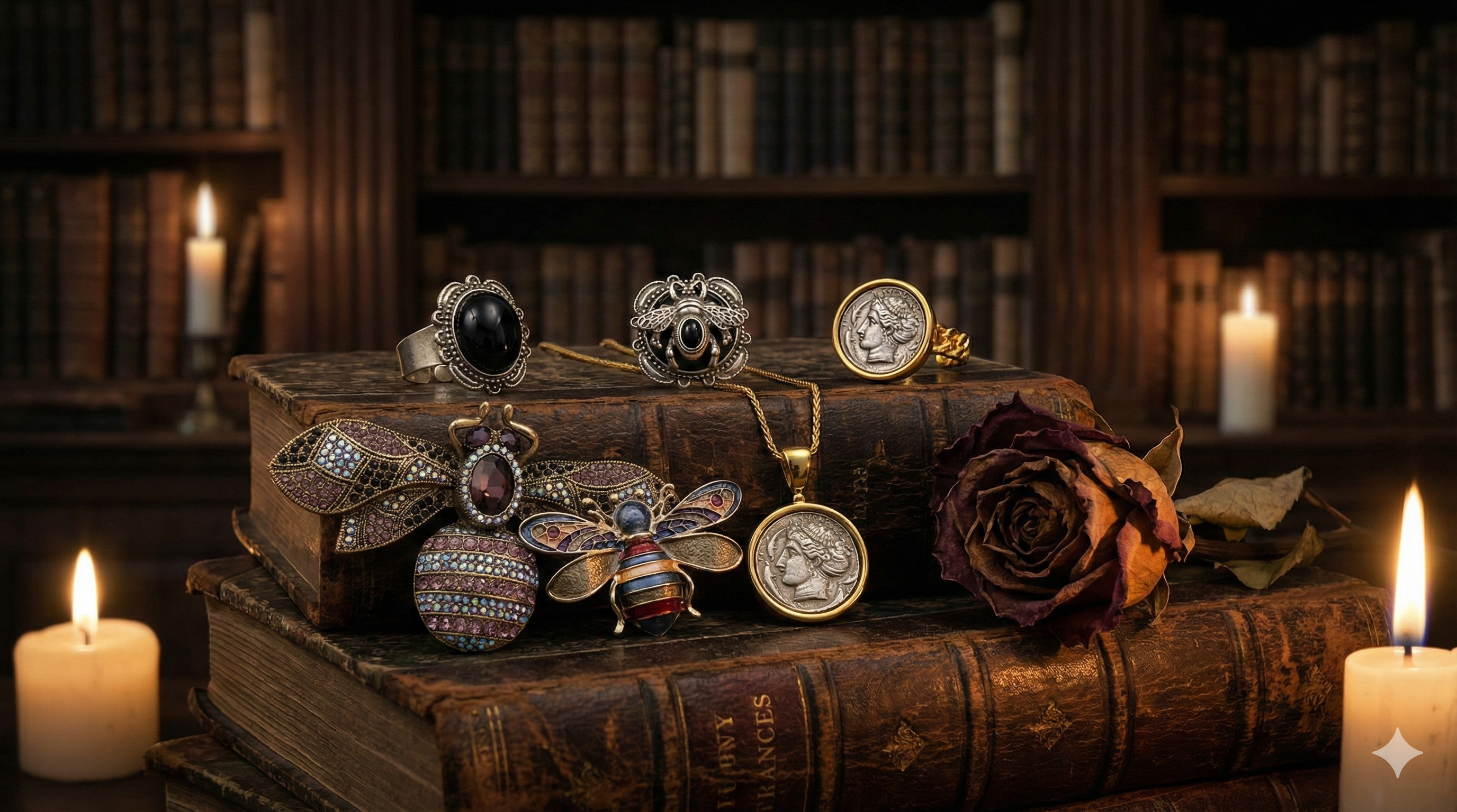 Dark Academia wearable relics collection cover featuring botanical gothic brooches, rings, and vintage-inspired jewelry