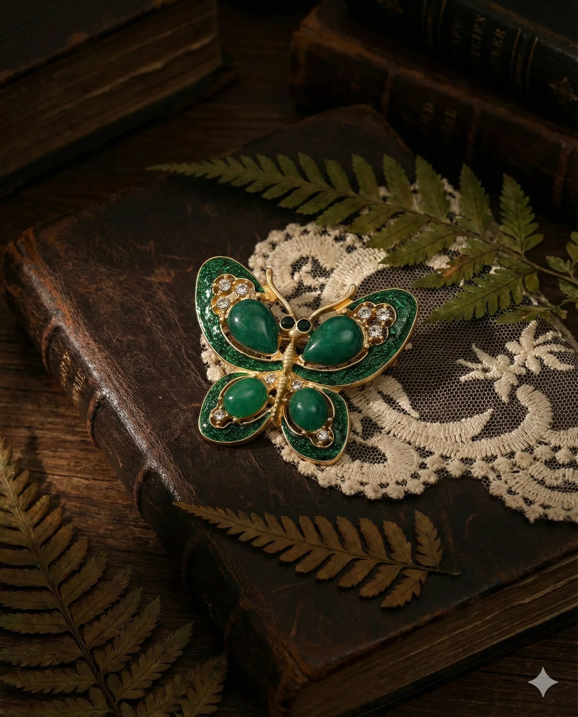Botanical Gothic emerald green butterfly brooch in gold-tone plating with gemstone accents, statement pin 4.3 x 5.0 cm