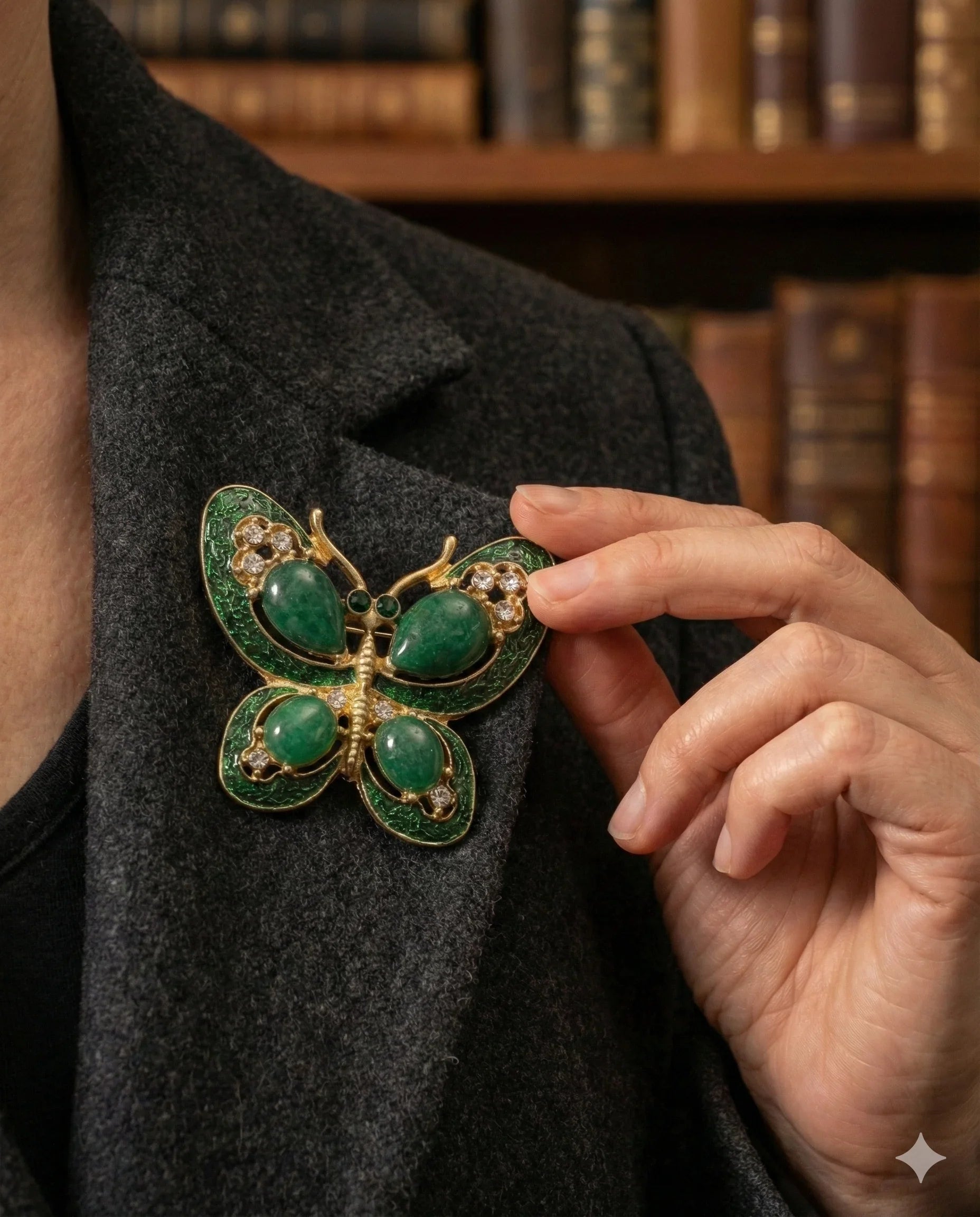 Botanical Gothic emerald green butterfly brooch in gold-tone plating with gemstone accents, statement pin 4.3 x 5.0 cm