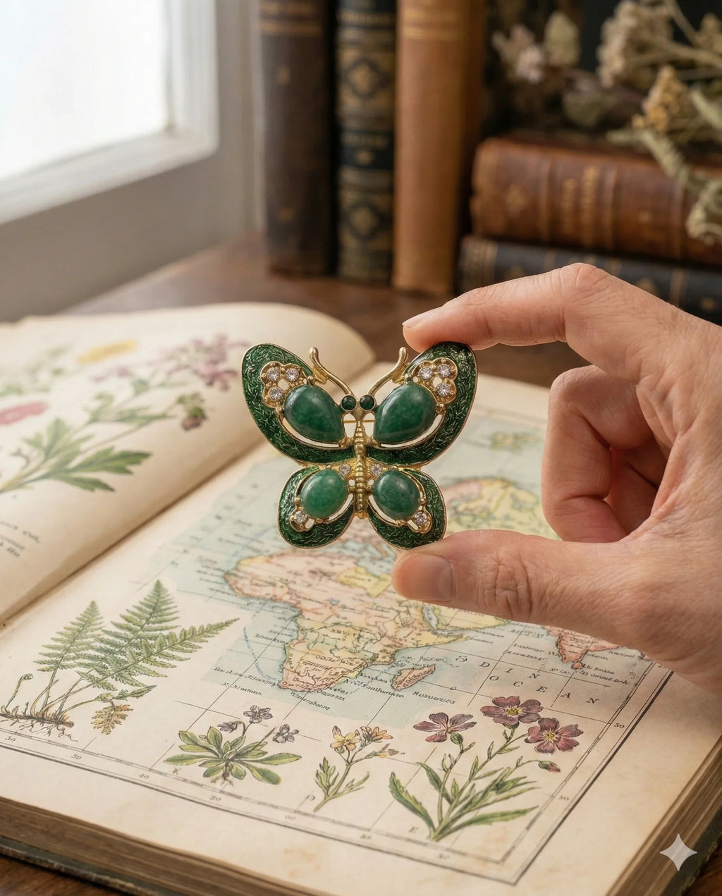 Botanical Gothic emerald green butterfly brooch in gold-tone plating with gemstone accents, statement pin 4.3 x 5.0 cm