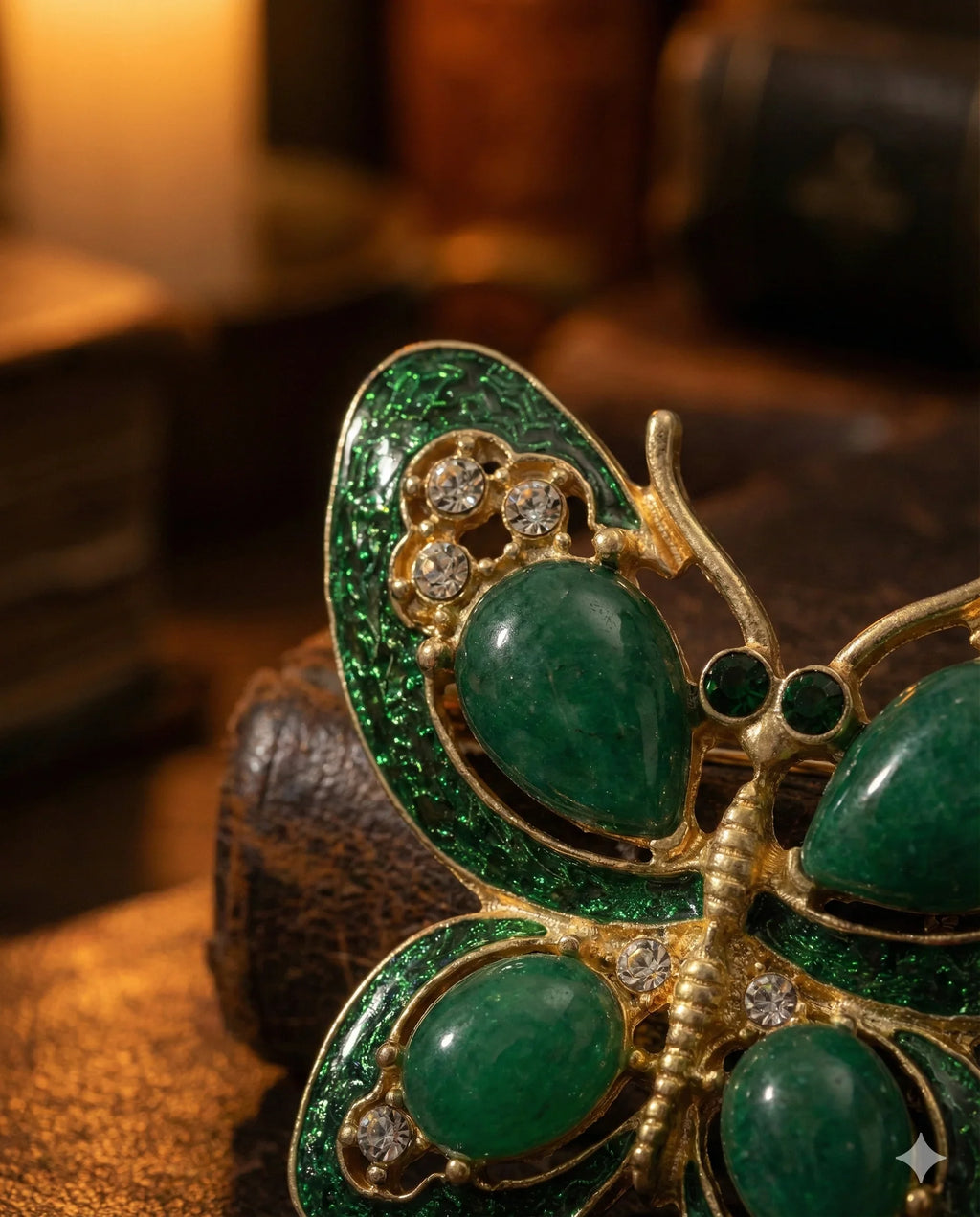 Botanical Gothic emerald green butterfly brooch in gold-tone plating with gemstone accents, statement pin 4.3 x 5.0 cm