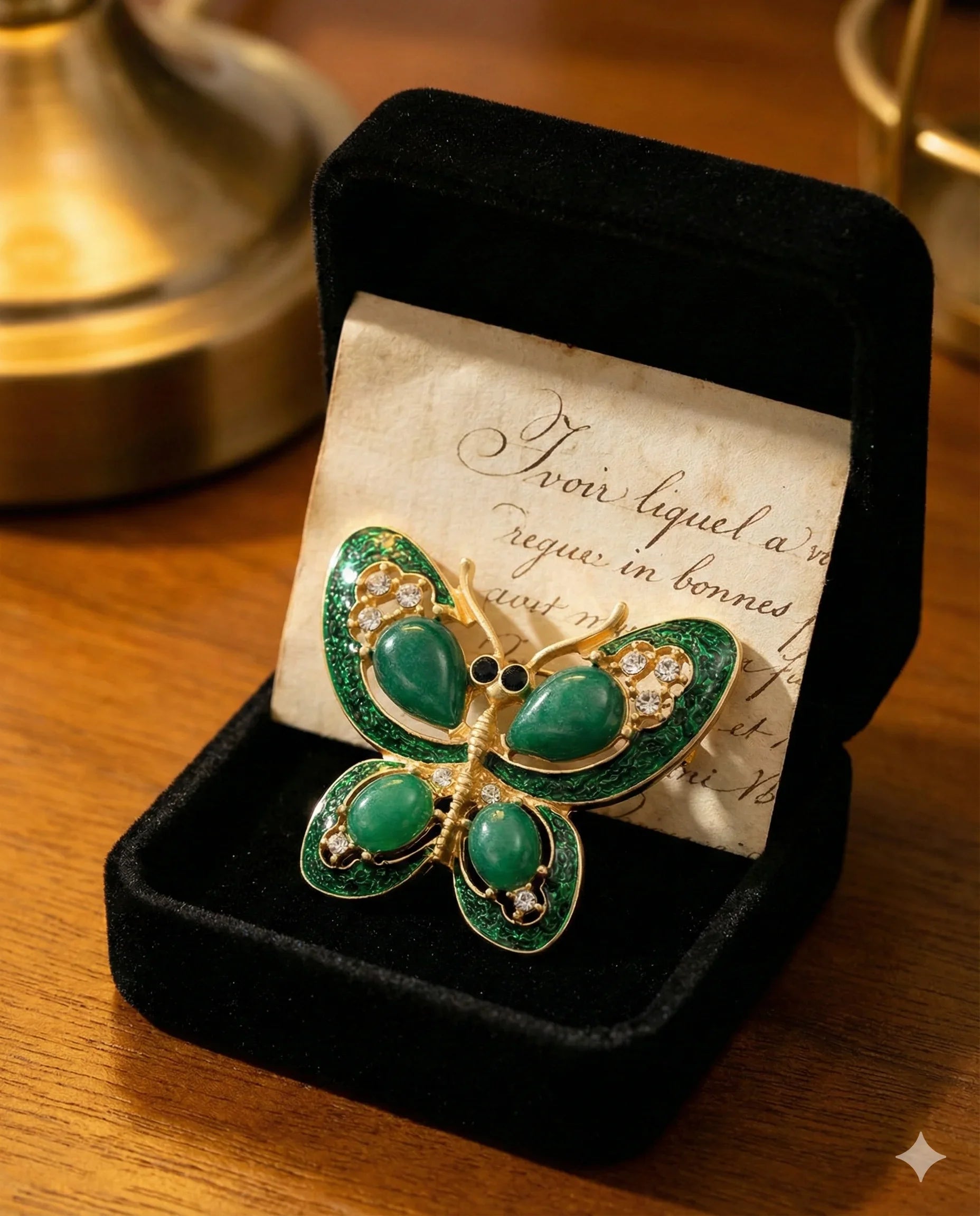Botanical Gothic emerald green butterfly brooch in gold-tone plating with gemstone accents, statement pin 4.3 x 5.0 cm