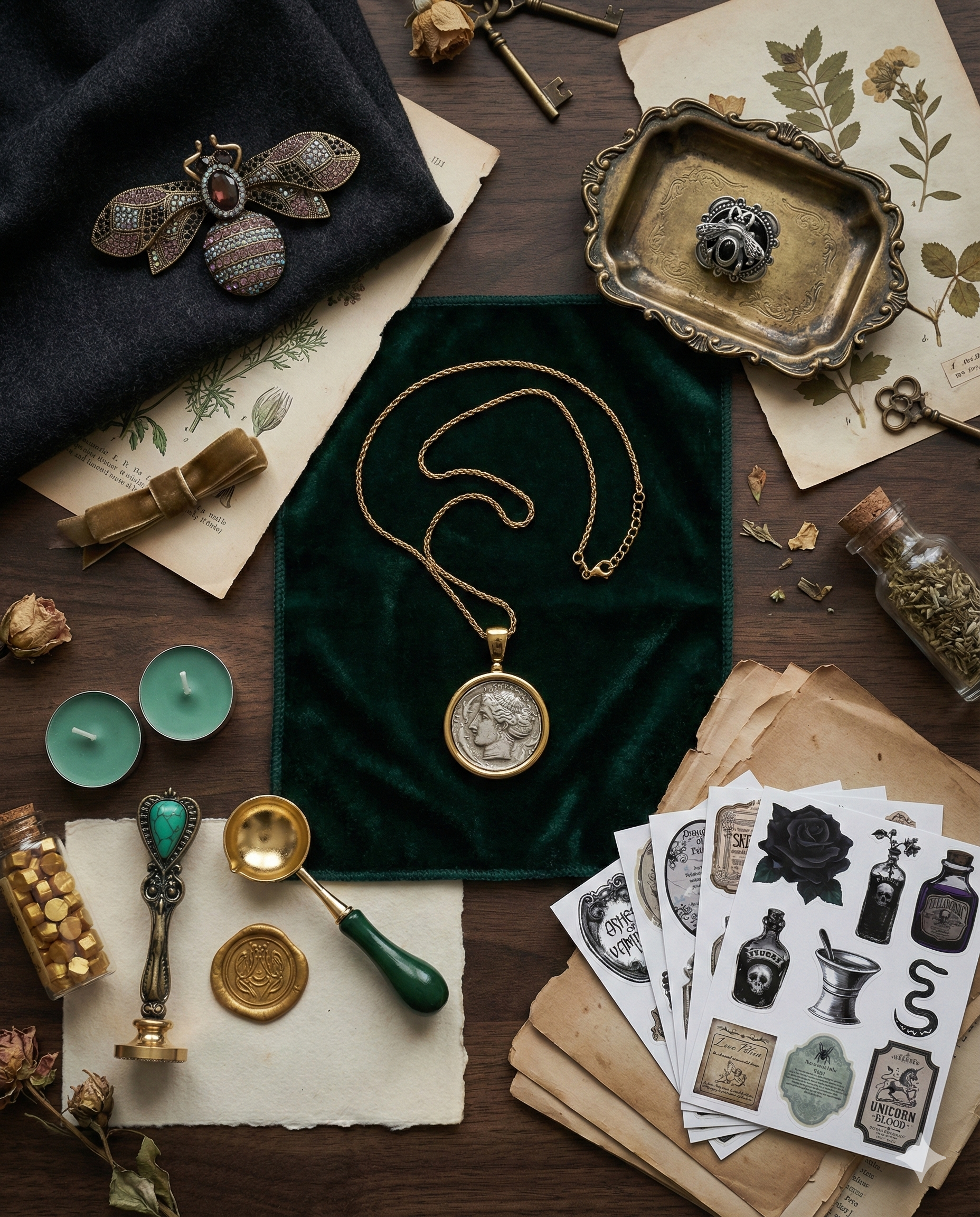 Homepage hotspots image showing botanical gothic brooch, gothic ring, vintage necklace, wax seal stamp set, and botanical sticker pack on a dark academia desk
