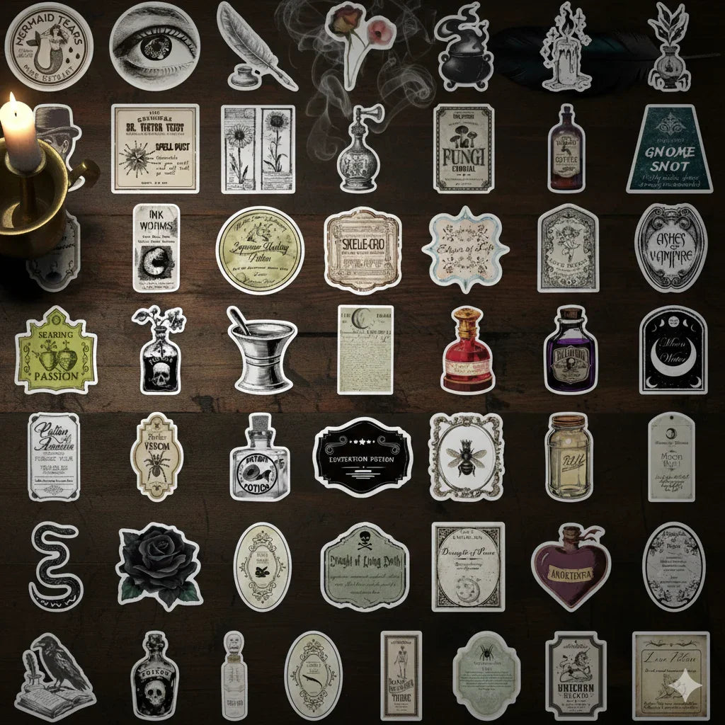 Dark Academia apothecary potion label sticker pack with 50 matte PVC waterproof vintage stickers, assorted 4 to 6 cm designs