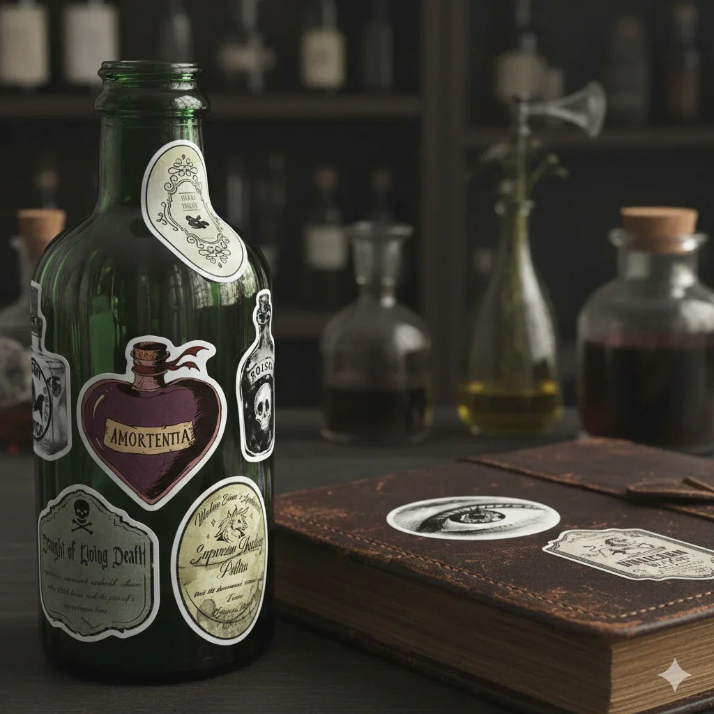 Dark Academia apothecary potion label sticker pack with 50 matte PVC waterproof vintage stickers, assorted 4 to 6 cm designs