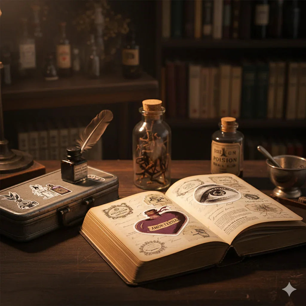 Dark Academia apothecary potion label sticker pack with 50 matte PVC waterproof vintage stickers, assorted 4 to 6 cm designs