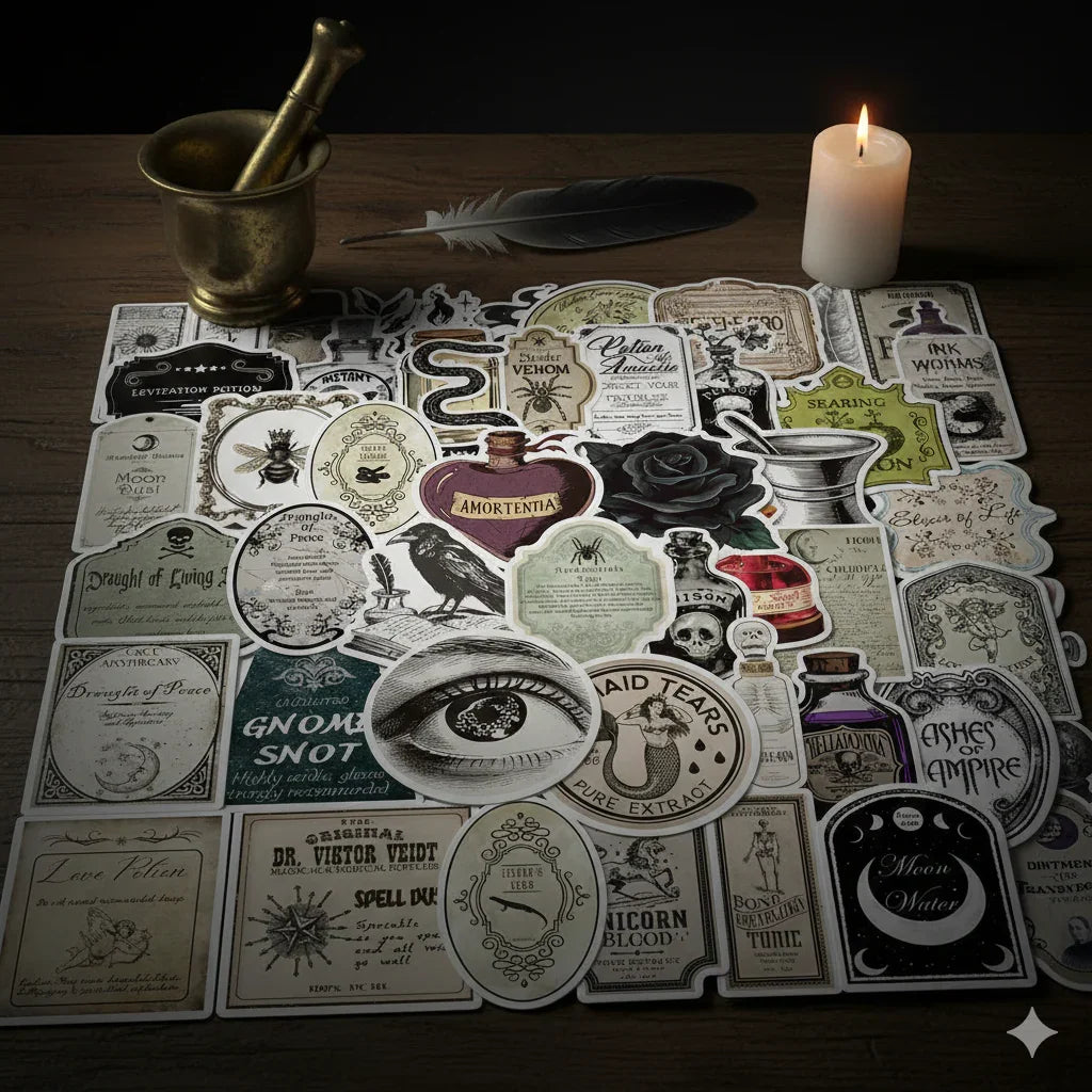 Dark Academia apothecary potion label sticker pack with 50 matte PVC waterproof vintage stickers, assorted 4 to 6 cm designs
