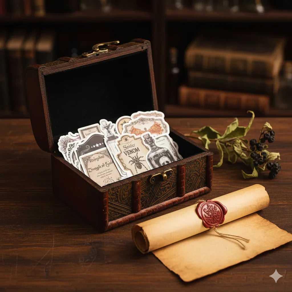 Dark Academia apothecary potion label sticker pack with 50 matte PVC waterproof vintage stickers, assorted 4 to 6 cm designs