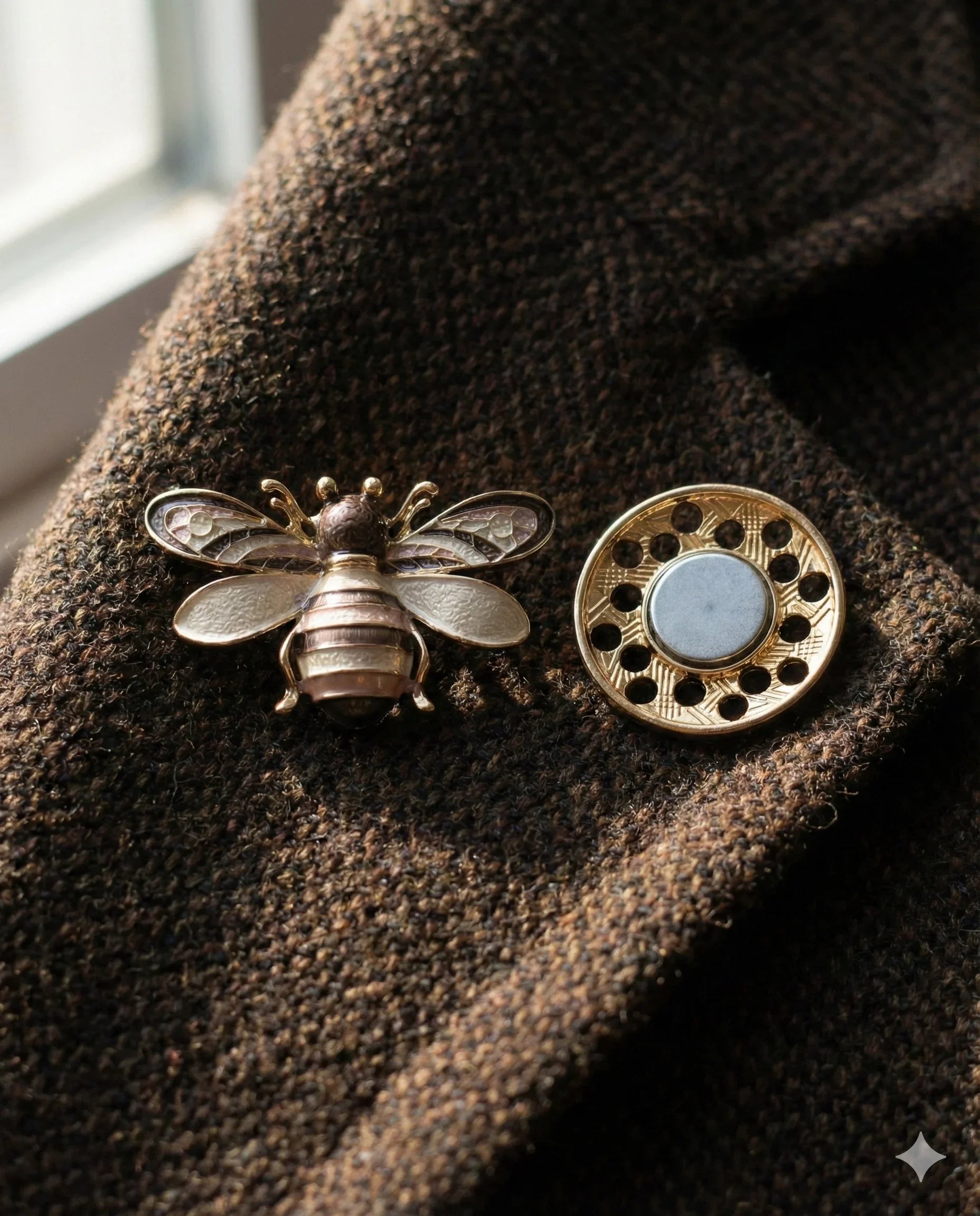 Botanical Gothic bee brooch set of four enamel-style magnetic pins in four colorways, 5.1cm wide