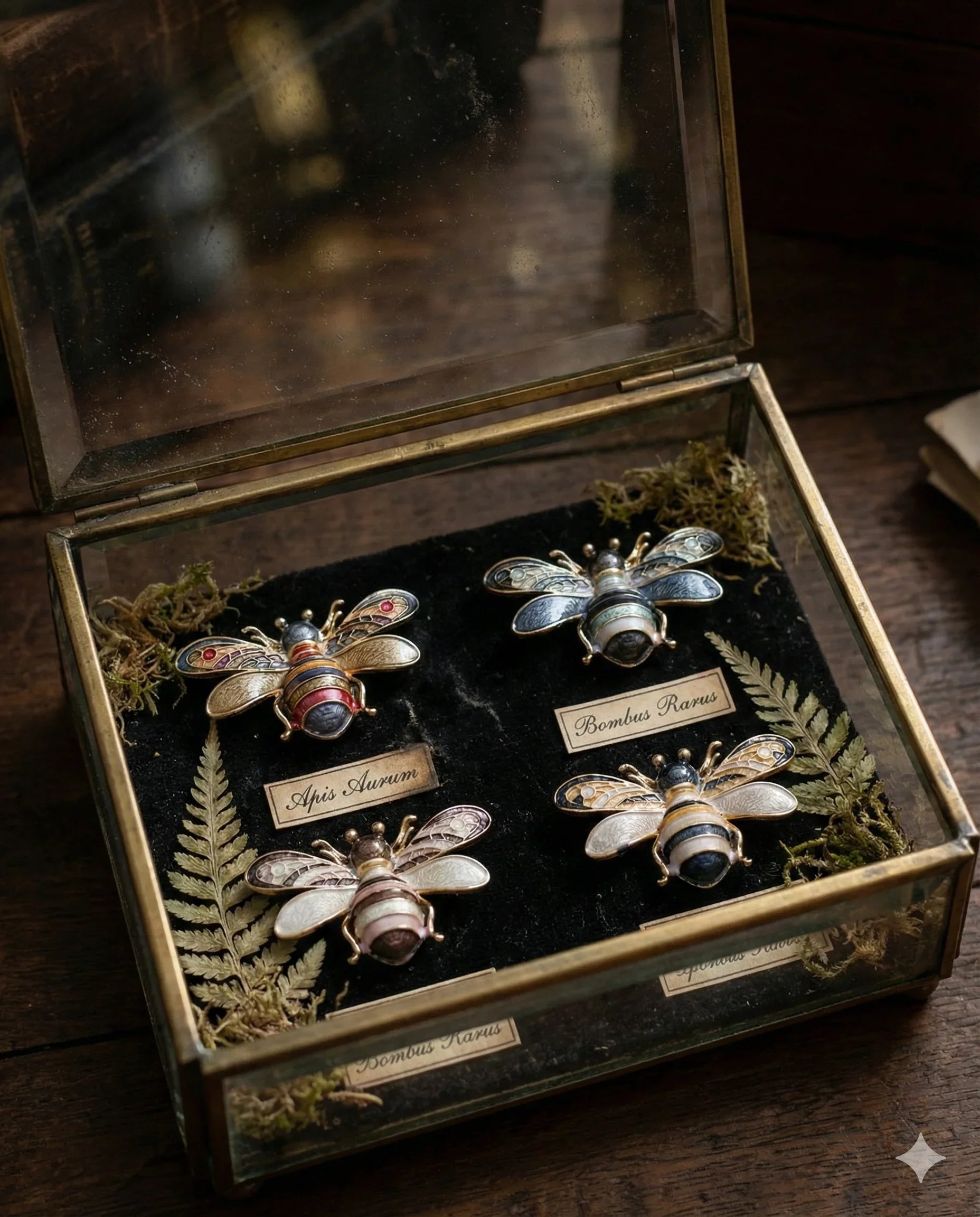 Botanical Gothic bee brooch set of four enamel-style magnetic pins in four colorways, 5.1cm wide