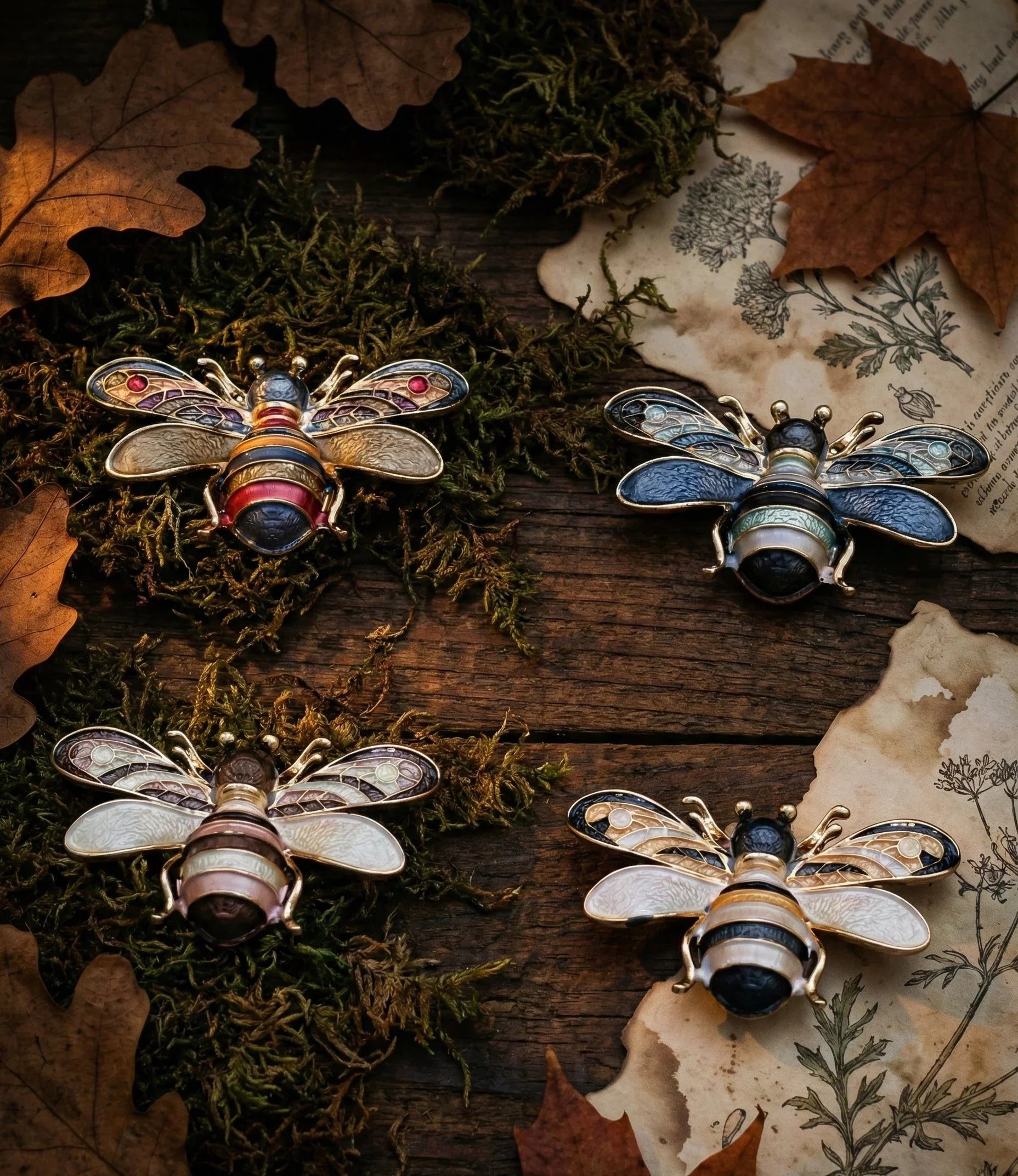 Botanical Gothic bee brooch set of four enamel-style magnetic pins in four colorways, 5.1cm wide