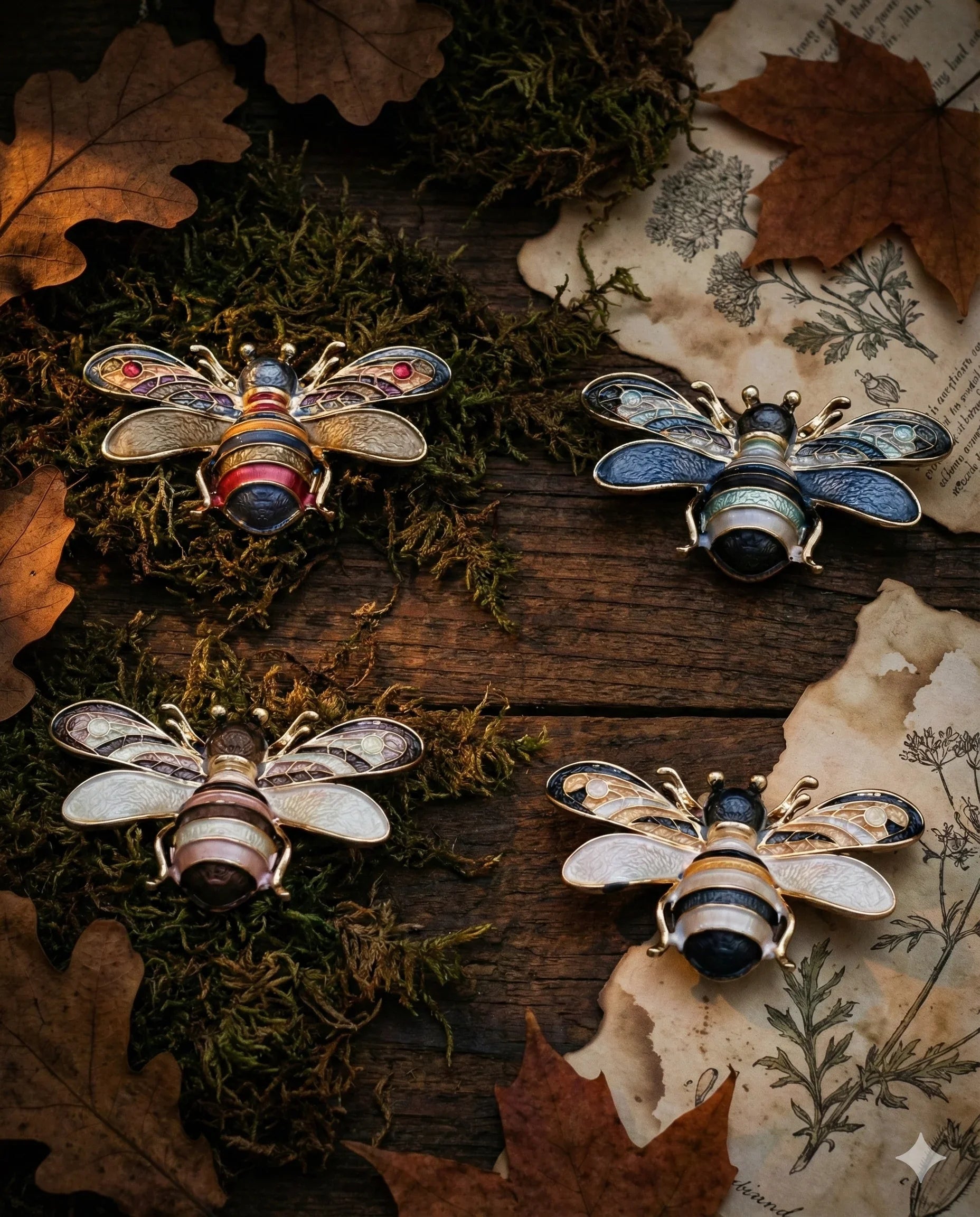 Botanical Gothic bee brooch set of four enamel-style magnetic pins in four colorways, 5.1cm wide