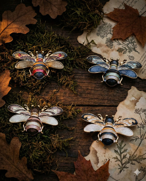 Botanical Gothic bee brooch set of four enamel-style magnetic pins in four colorways, 5.1cm wide