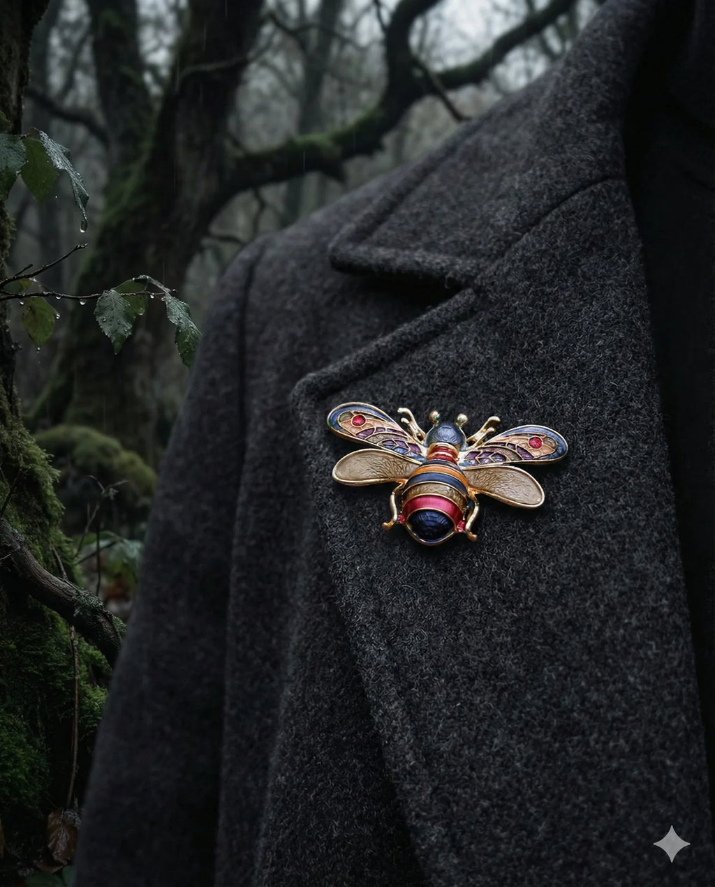 Botanical Gothic bee brooch set of four enamel-style magnetic pins in four colorways, 5.1cm wide