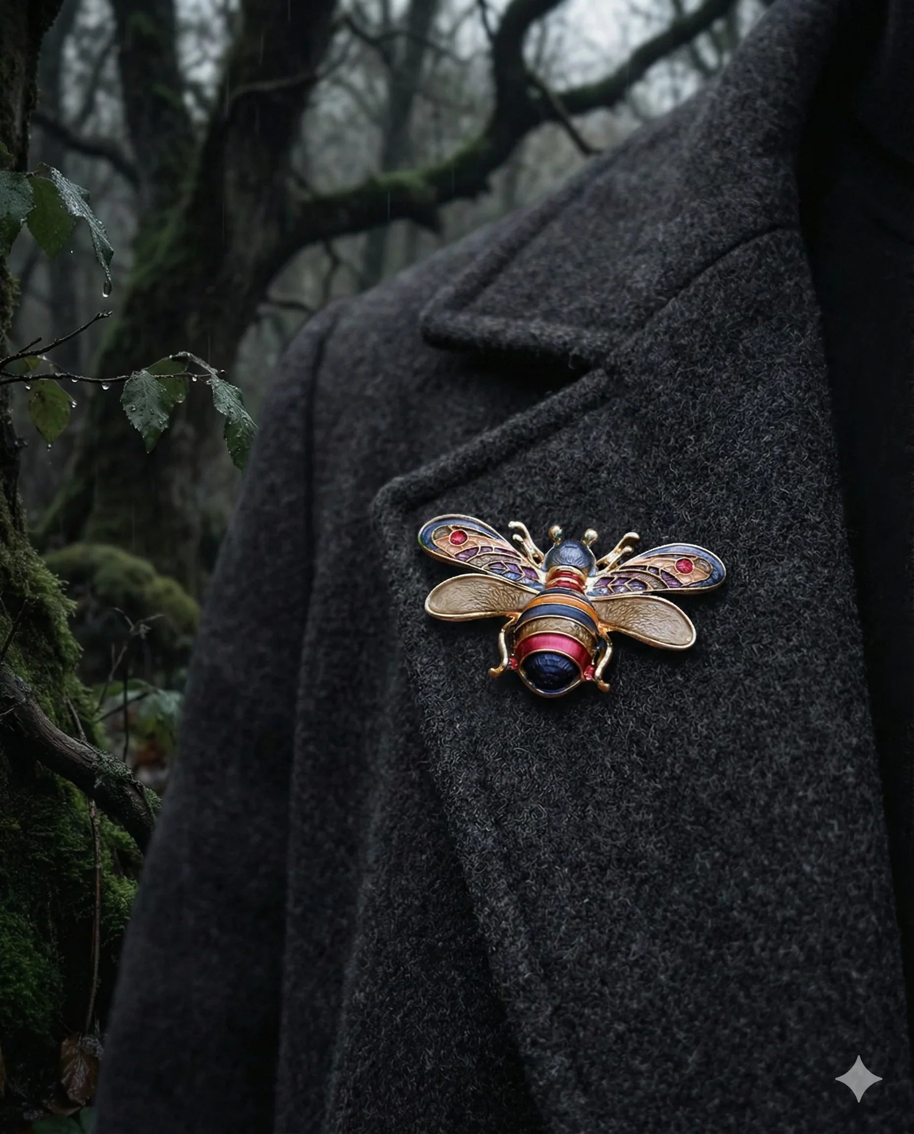 Botanical Gothic bee brooch set of four enamel-style magnetic pins in four colorways, 5.1cm wide