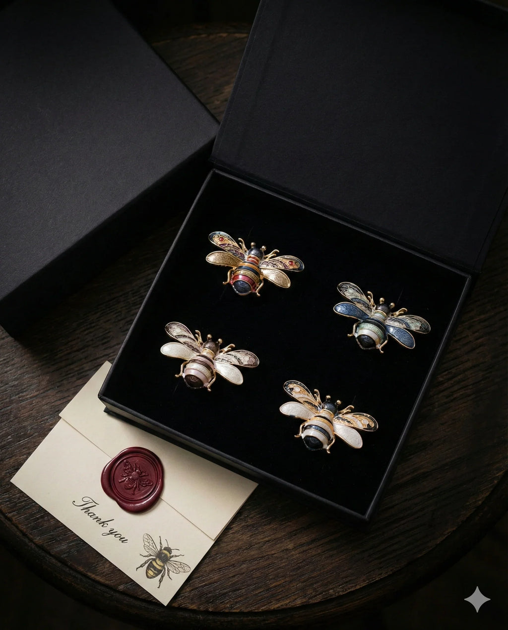 Botanical Gothic bee brooch set of four enamel-style magnetic pins in four colorways, 5.1cm wide