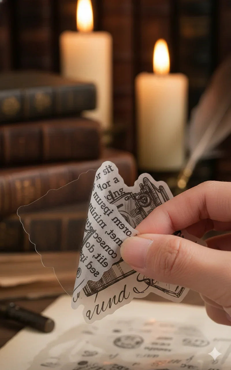 Dark Academia black and white botanical sticker sheets on vellum tracing paper, 20 sheets with vintage floral illustrations