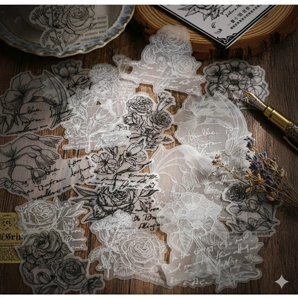 Dark Academia black and white botanical sticker sheets on vellum tracing paper, 20 sheets with vintage floral illustrations
