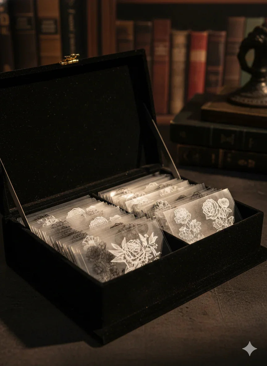 Dark Academia black and white botanical sticker sheets on vellum tracing paper, 20 sheets with vintage floral illustrations