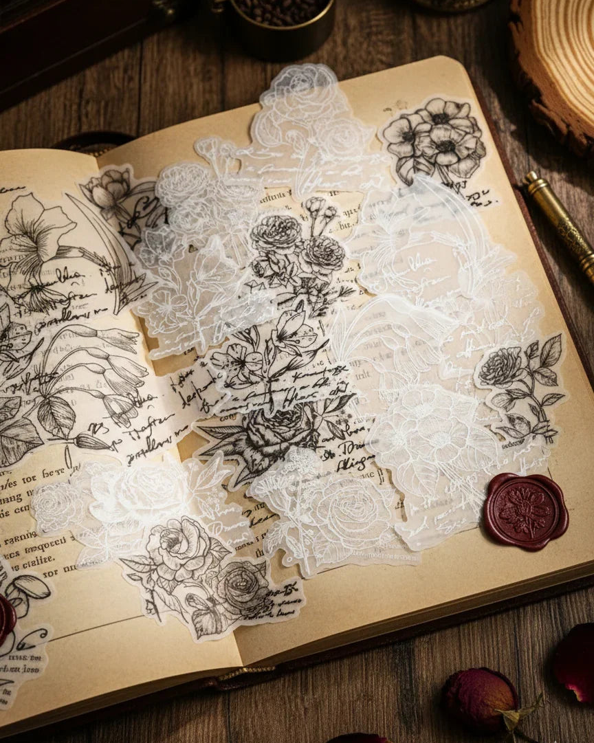 Dark Academia black and white botanical sticker sheets on vellum tracing paper, 20 sheets with vintage floral illustrations