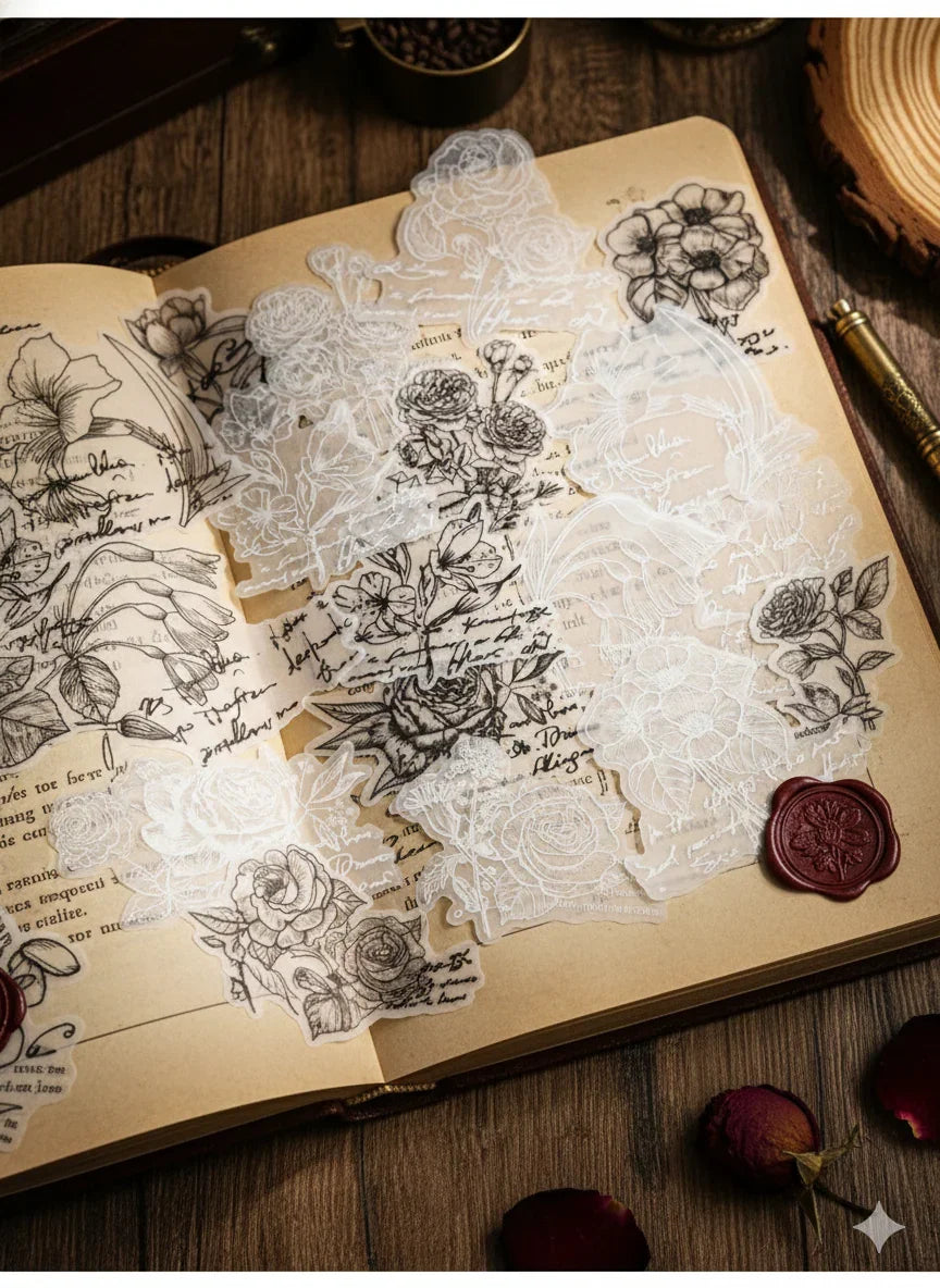 Dark Academia black and white botanical sticker sheets on vellum tracing paper, 20 sheets with vintage floral illustrations