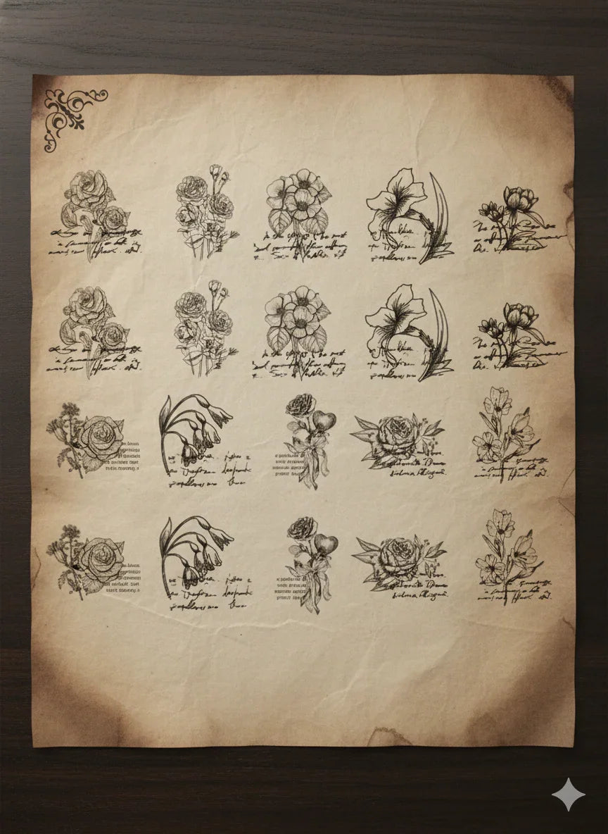 Dark Academia black and white botanical sticker sheets on vellum tracing paper, 20 sheets with vintage floral illustrations