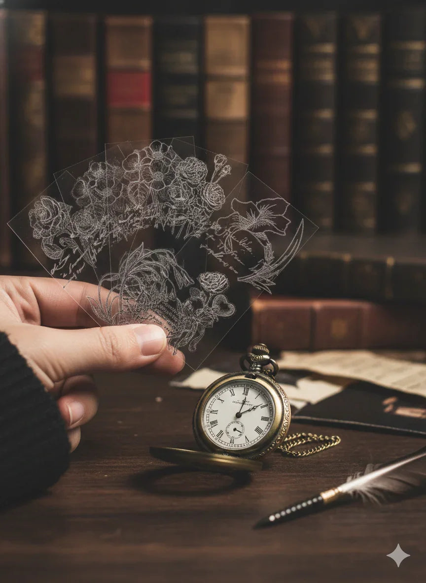 Dark Academia black and white botanical sticker sheets on vellum tracing paper, 20 sheets with vintage floral illustrations