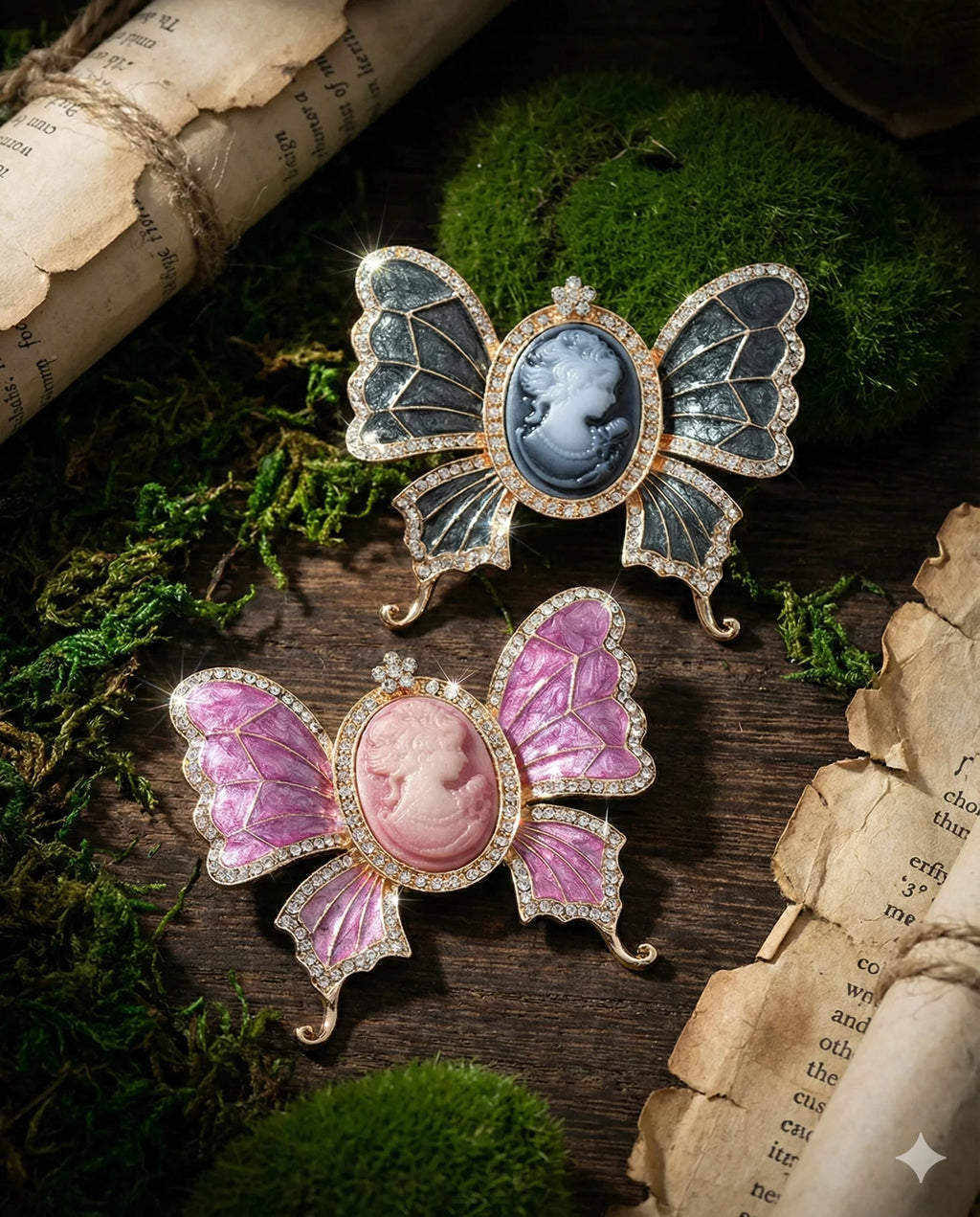Botanical Gothic cameo butterfly brooch set with crystal trim in grey and pink, vintage-inspired statement pins
