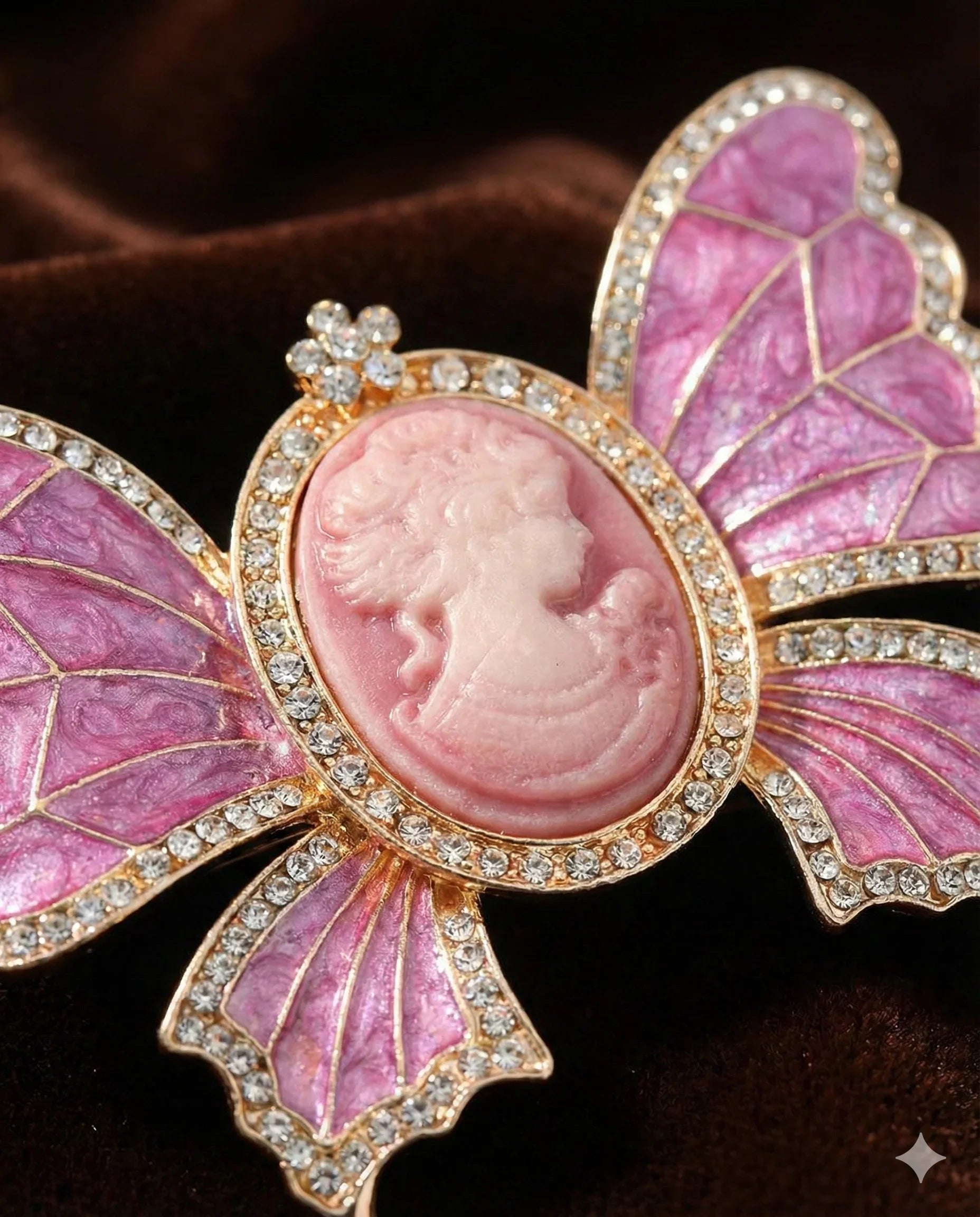 Botanical Gothic cameo butterfly brooch set with crystal trim in grey and pink, vintage-inspired statement pins