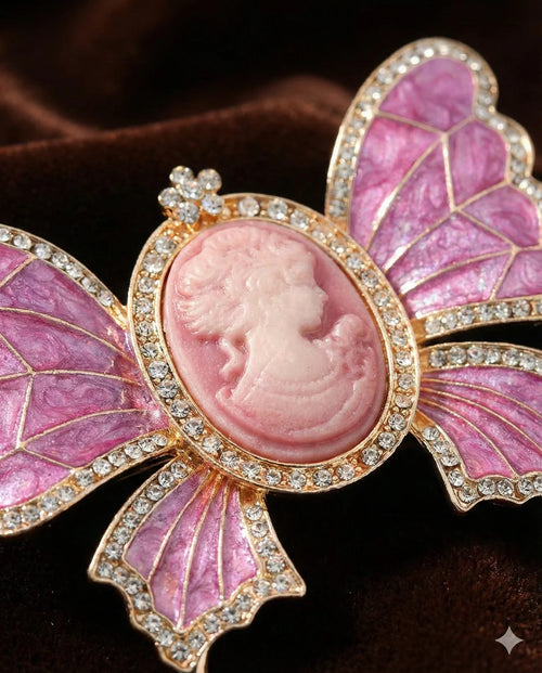 Botanical Gothic cameo butterfly brooch set with crystal trim in grey and pink, vintage-inspired statement pins