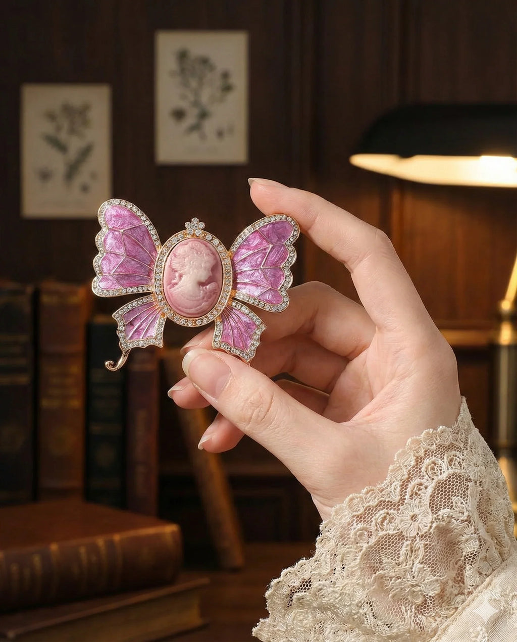 Botanical Gothic cameo butterfly brooch set with crystal trim in grey and pink, vintage-inspired statement pins