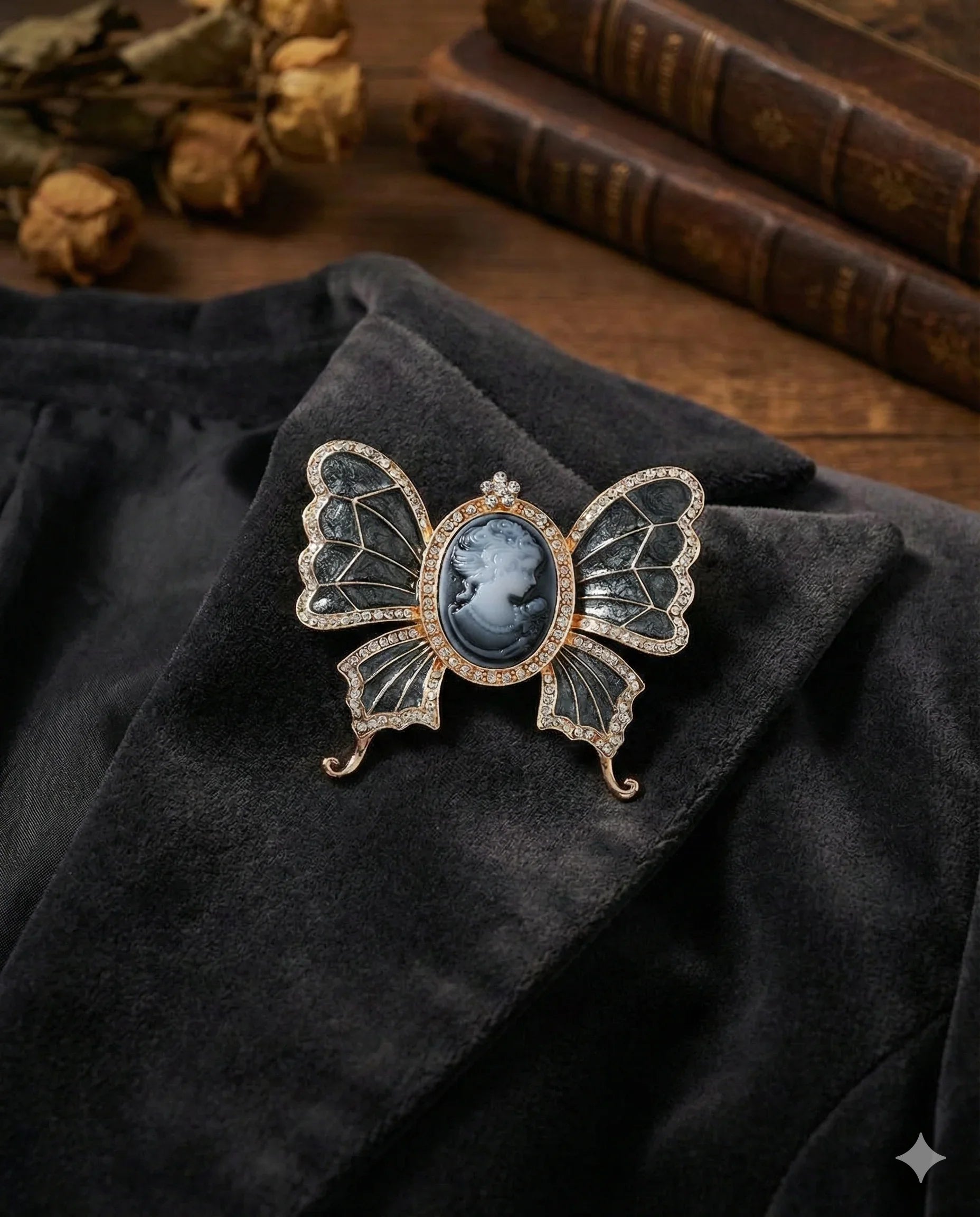 Botanical Gothic cameo butterfly brooch set with crystal trim in grey and pink, vintage-inspired statement pins