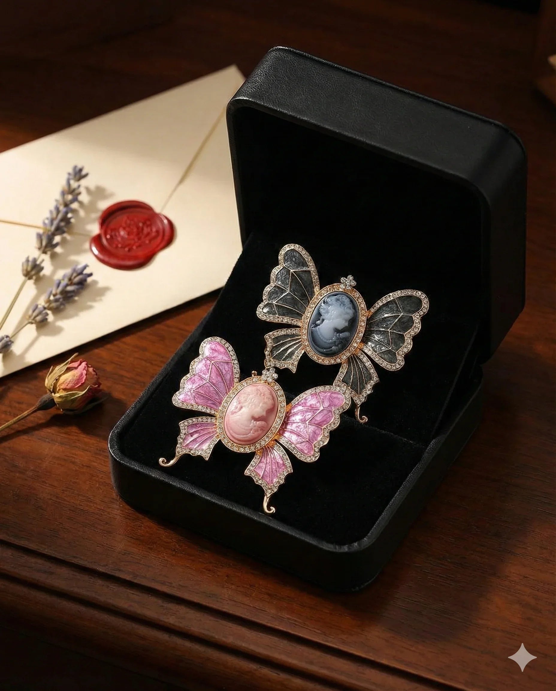 Botanical Gothic cameo butterfly brooch set with crystal trim in grey and pink, vintage-inspired statement pins