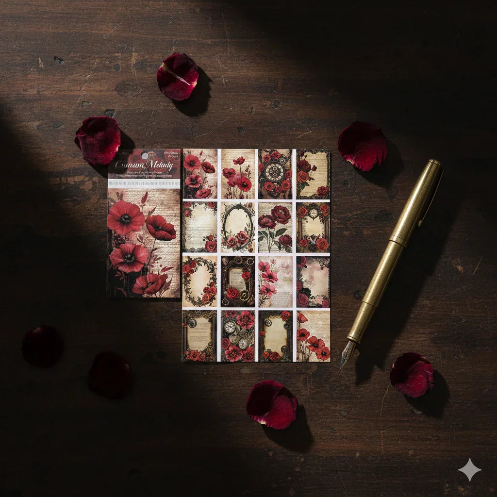 Dark Academia Crimson Melody journaling paper pack with vintage roses and antique frame ephemera, 32 sheets, 87x124mm