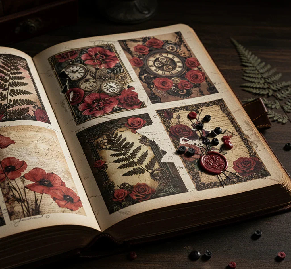 Dark Academia Crimson Melody journaling paper pack with vintage roses and antique frame ephemera, 32 sheets, 87x124mm