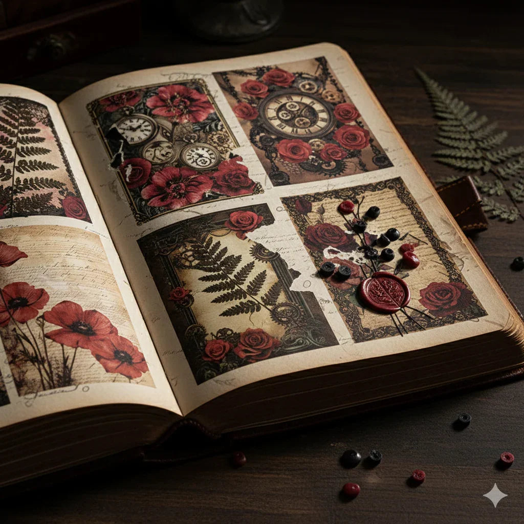 Dark Academia Crimson Melody journaling paper pack with vintage roses and antique frame ephemera, 32 sheets, 87x124mm