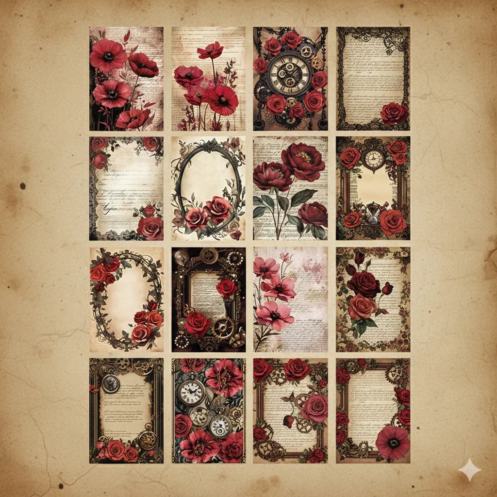Dark Academia Crimson Melody journaling paper pack with vintage roses and antique frame ephemera, 32 sheets, 87x124mm