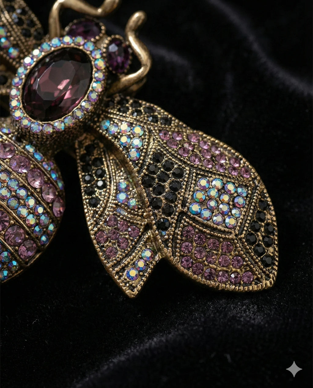 Botanical Gothic crystal bee brooch in antique gold tone with purple and iridescent rhinestones, statement pin