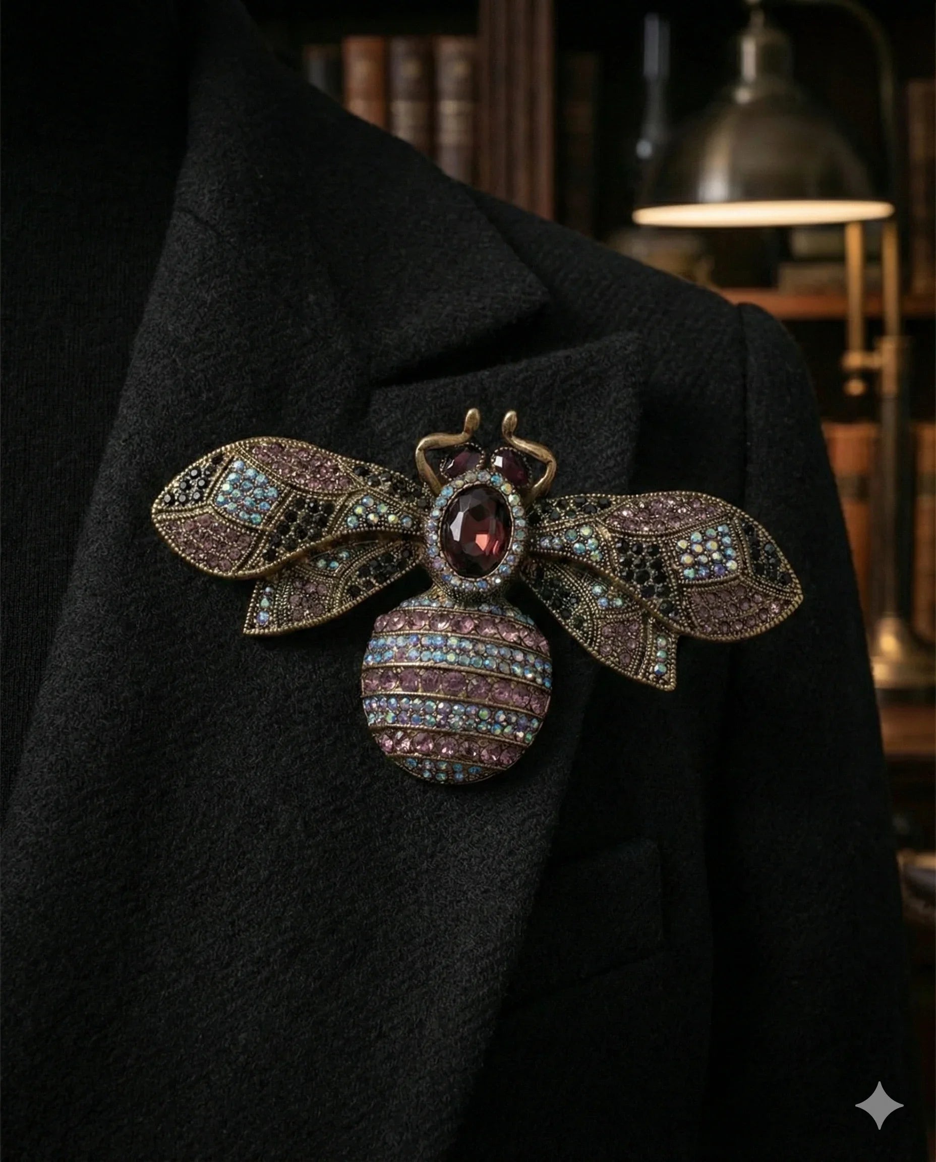 Botanical Gothic crystal bee brooch in antique gold tone with purple and iridescent rhinestones, statement pin