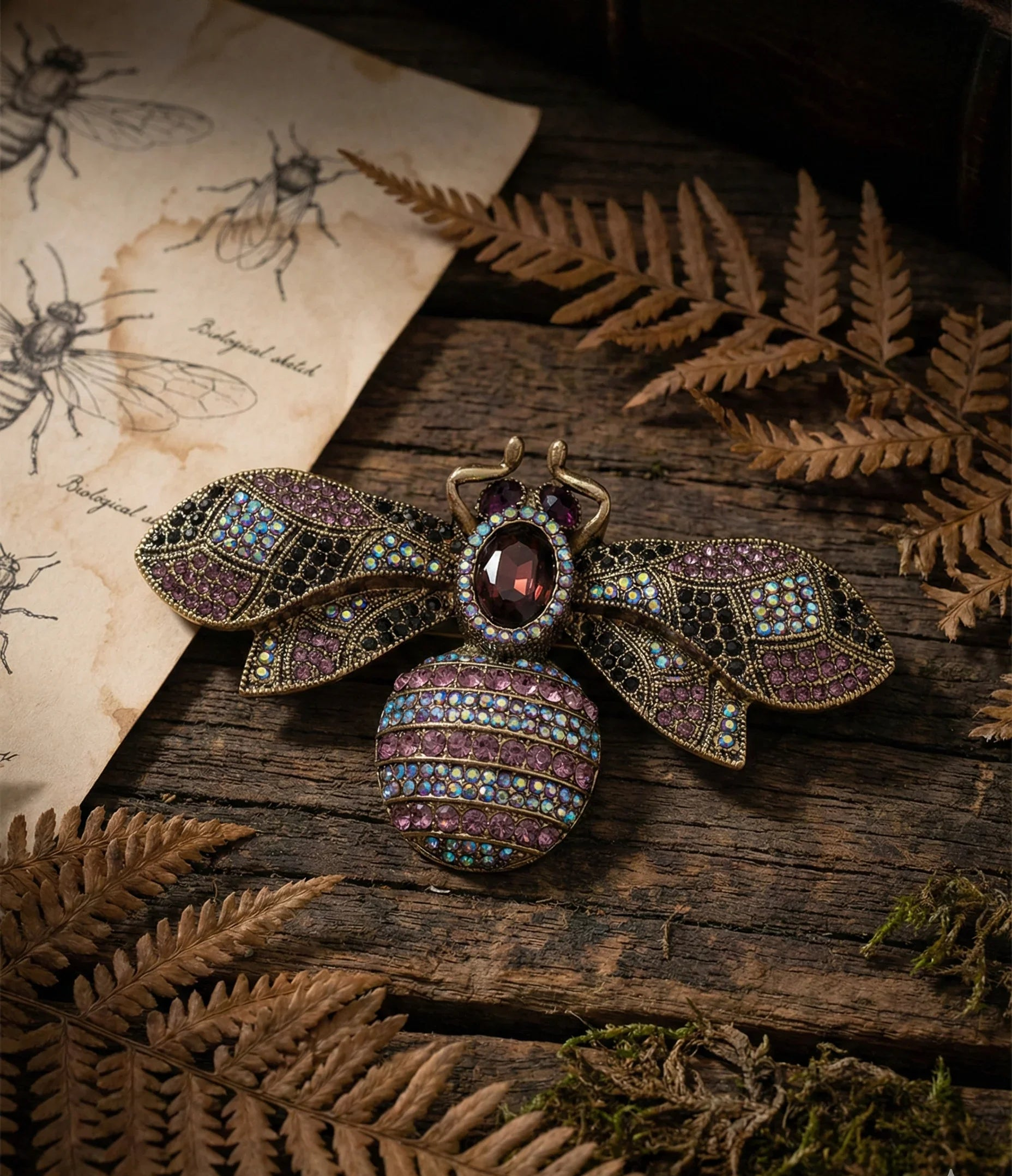 Botanical Gothic crystal bee brooch in antique gold tone with purple and iridescent rhinestones, statement pin