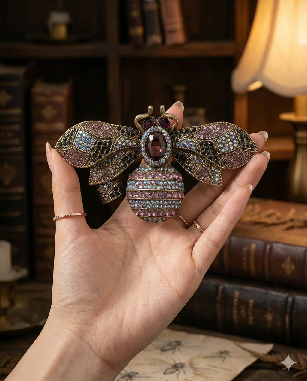 Botanical Gothic crystal bee brooch in antique gold tone with purple and iridescent rhinestones, statement pin