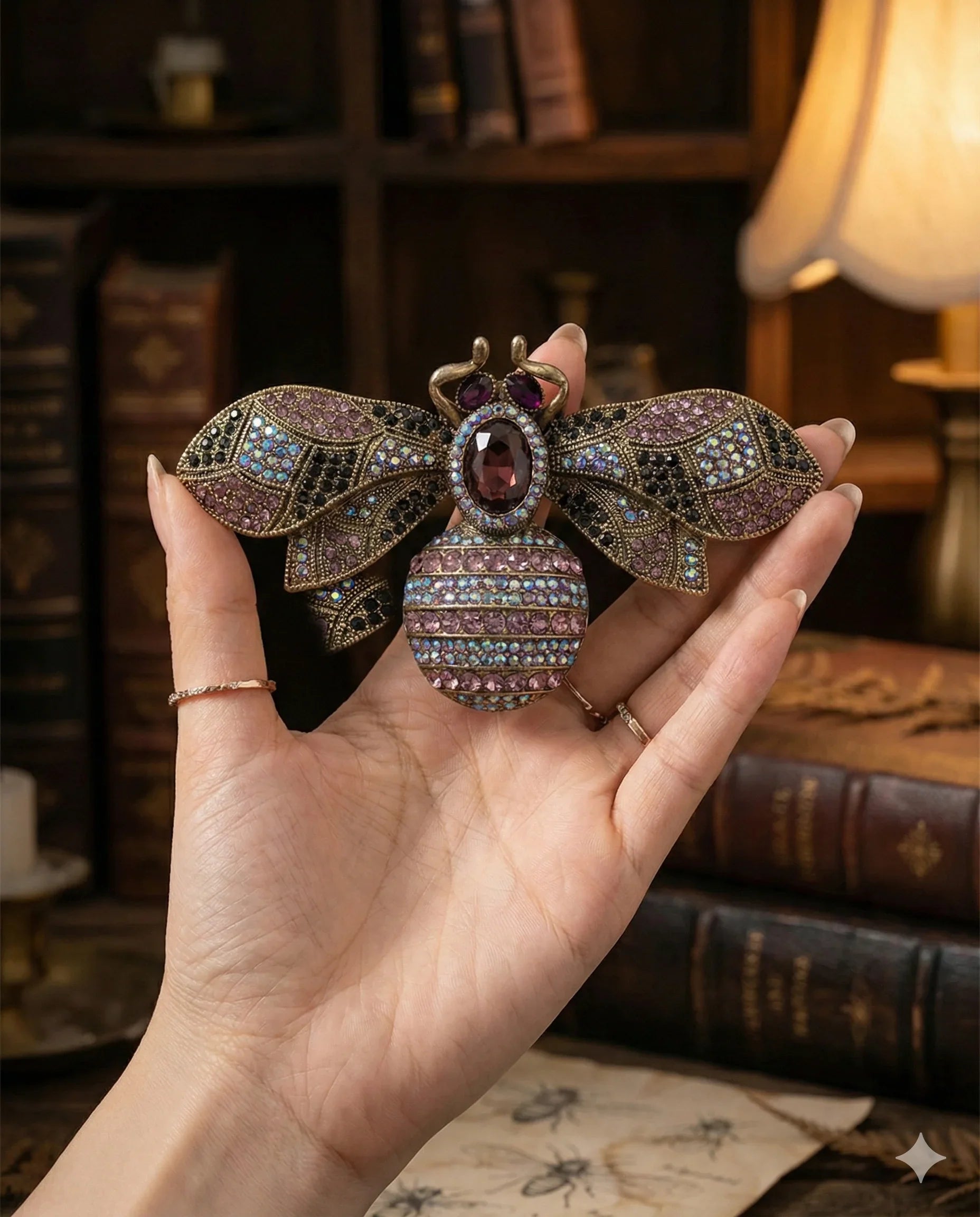 Botanical Gothic crystal bee brooch in antique gold tone with purple and iridescent rhinestones, statement pin