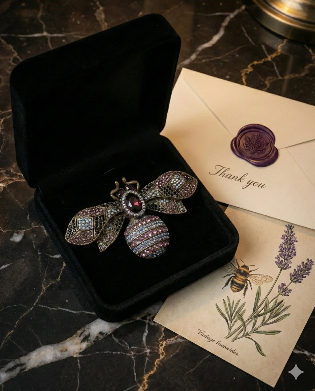 Botanical Gothic crystal bee brooch in antique gold tone with purple and iridescent rhinestones, statement pin