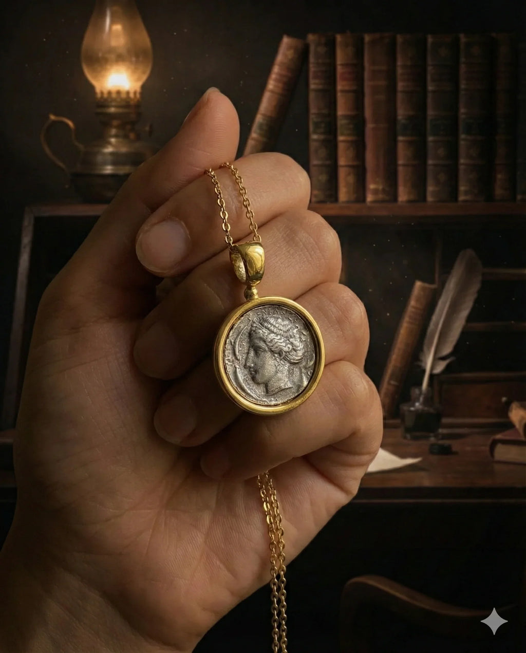 Dark Academia goddess coin pendant necklace in 18K gold-tone plated brass with antique coin look, 50cm chain plus extender