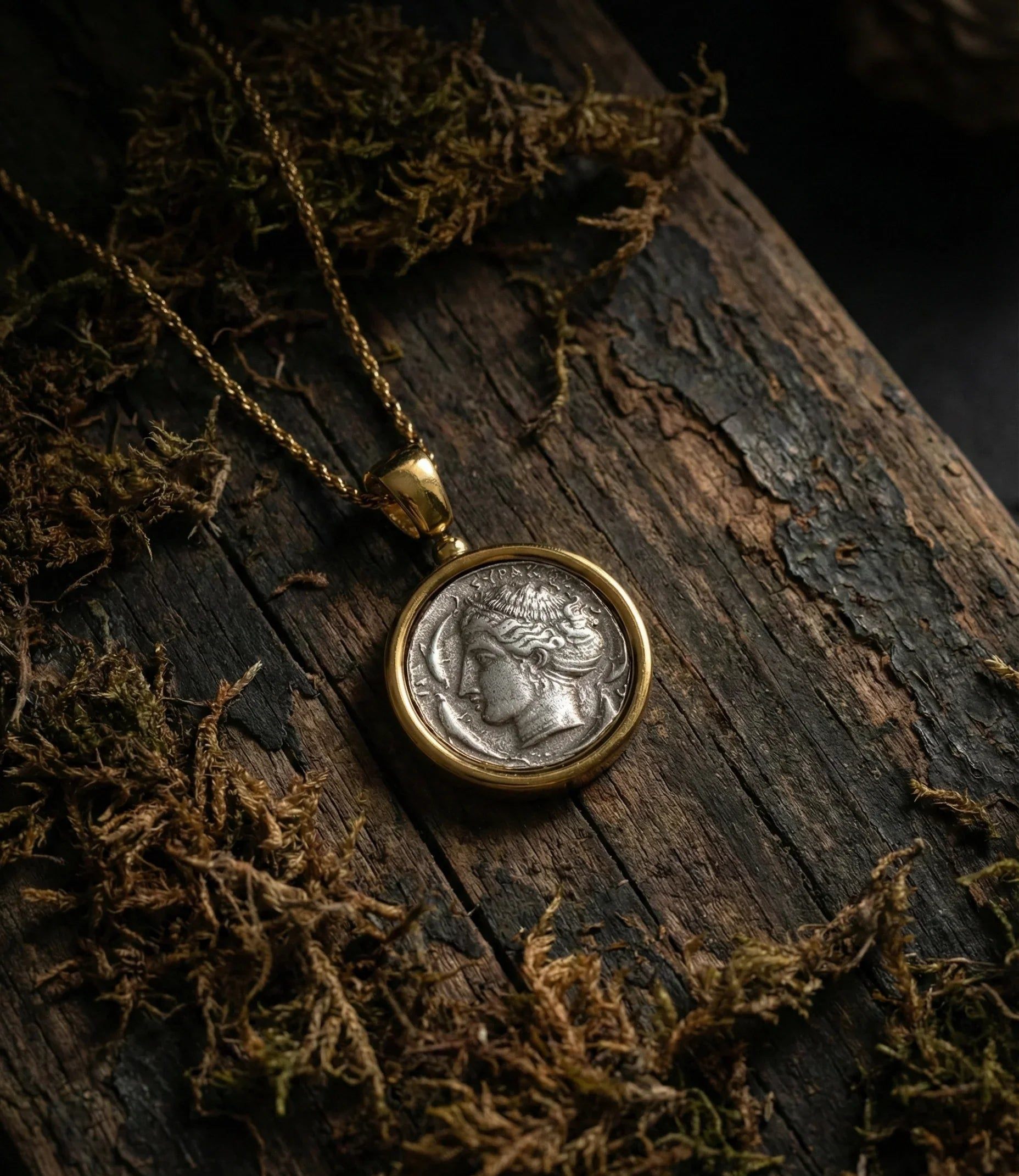 Dark Academia goddess coin pendant necklace in 18K gold-tone plated brass with antique coin look, 50cm chain plus extender