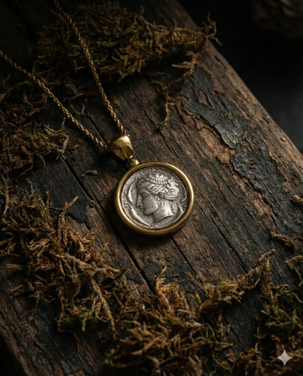 Dark Academia goddess coin pendant necklace in 18K gold-tone plated brass with antique coin look, 50cm chain plus extender