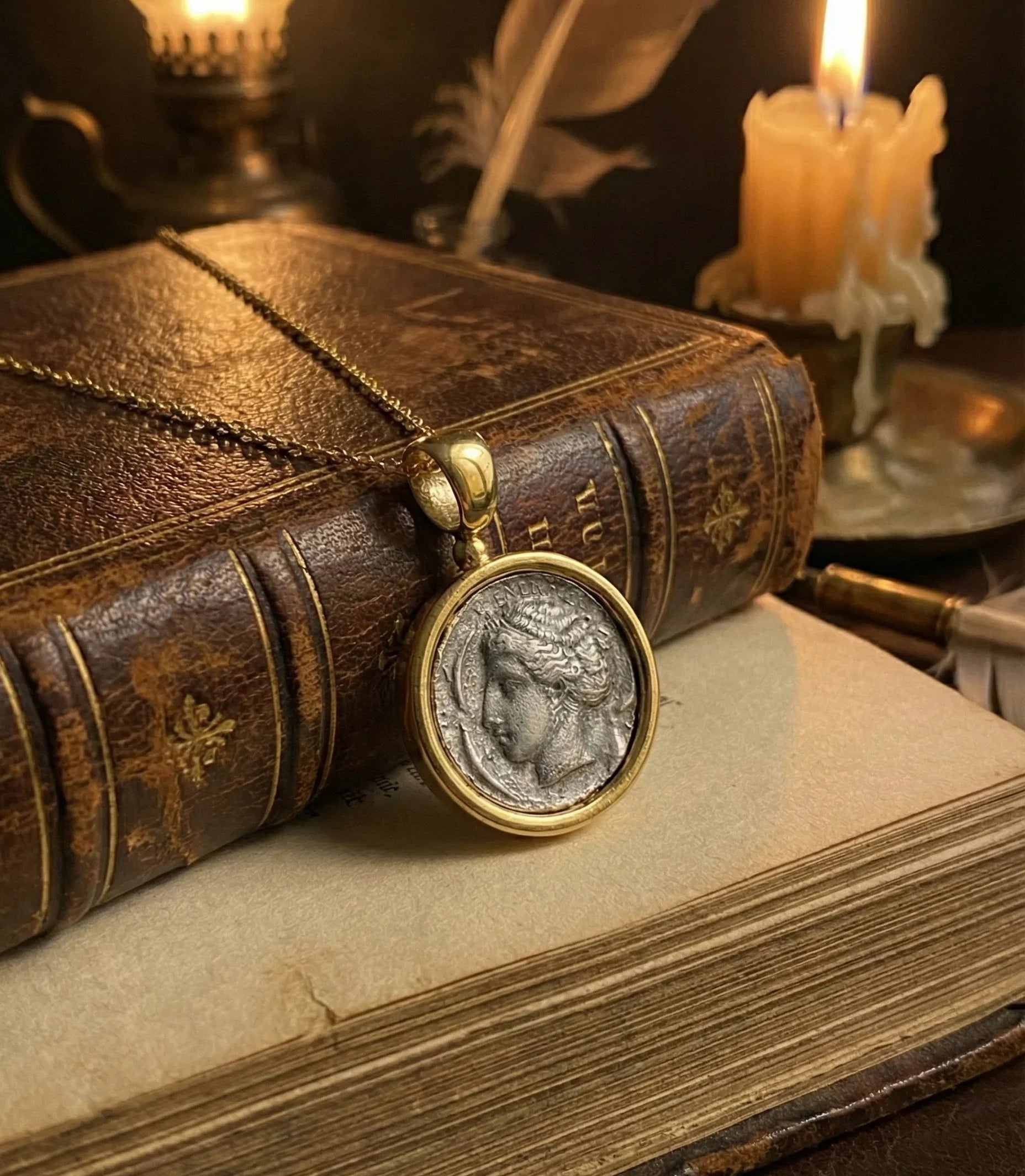 Dark Academia goddess coin pendant necklace in 18K gold-tone plated brass with antique coin look, 50cm chain plus extender