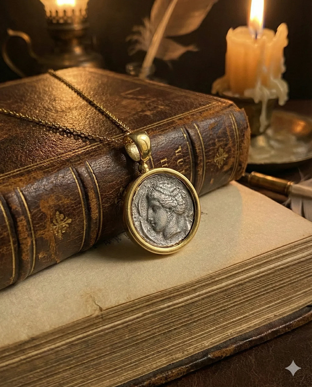 Dark Academia goddess coin pendant necklace in 18K gold-tone plated brass with antique coin look, 50cm chain plus extender